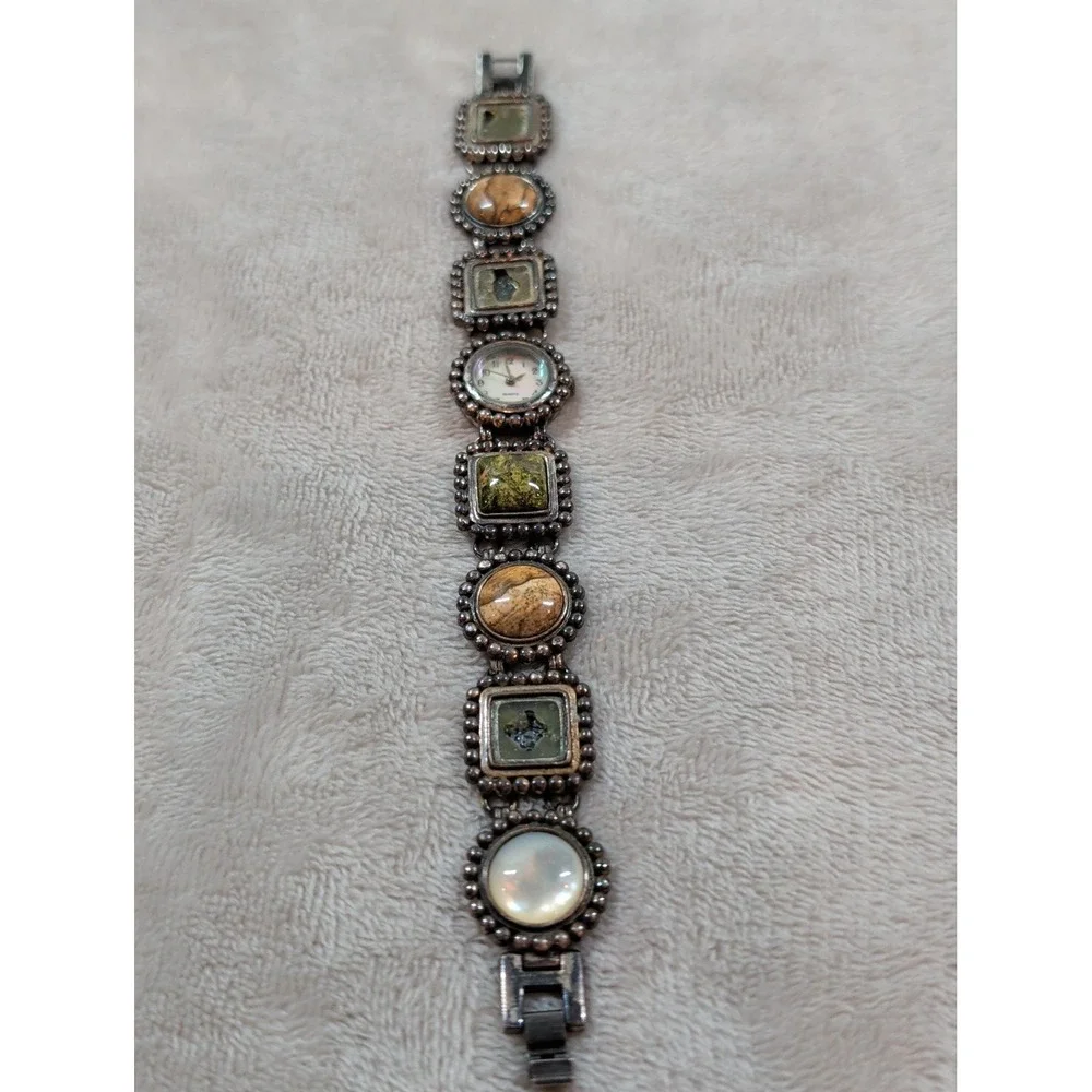 Vintage Mixed Stone Panel Bracelet Watch Silver Tone Japan‎ Quartz Boho Style